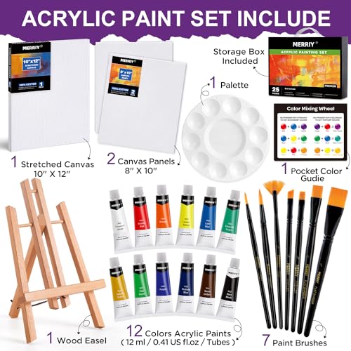 MERRIY Paint Set for Kids,25-Piece Painting Supplies Kit with Tabletop  Easel, 12 Colors Acrylic Paints,10x 12Stretched Canvas,Paint Brush Set